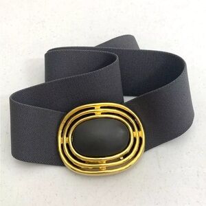DAY-LOR Gold Tone Buckle w/ Gray Stretch Elastic Belt Wide Signed